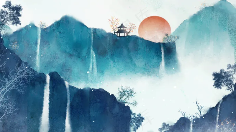 中国风山水彩色国画插画装饰画素材6psd模版下载