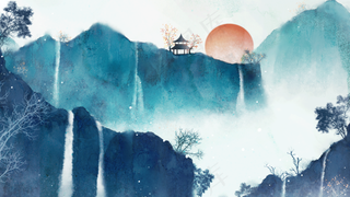中国风山水彩色国画插画装饰画素材6