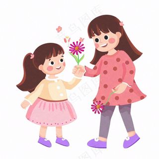 母亲节送花孩子给妈妈送花亲情人物卡通插画免抠
