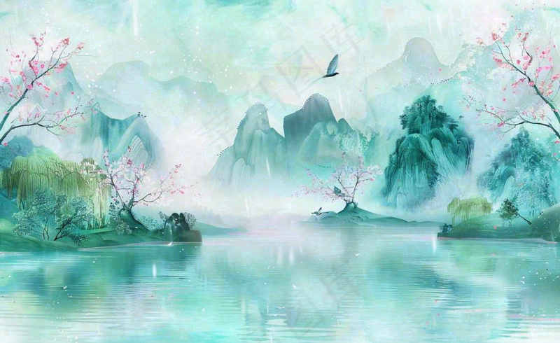 春天桃花柳树燕子清明山水国画中国风古风水雨水谷雨背景(1408x864)