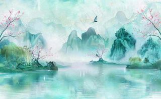 春天桃花柳树燕子清明山水国画中国风古风水雨水谷雨背景