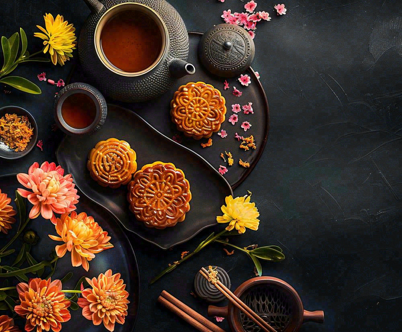 中秋美食月饼中国传统糕点摆盘装饰泡茶摄影图