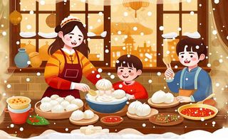 全家*色卡通手绘春节除夕初一全家人包饺子包子年夜饭冬至温馨插画背景