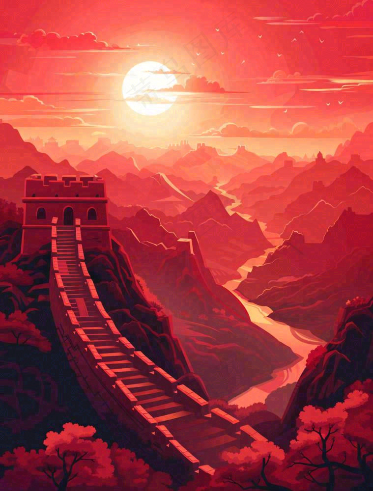 万里长城中国山河红色北京旅游景点八一建军节红色文化卡通插画背景