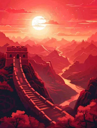 万里长城中国山河红色北京旅游景点八一建军节红色文化卡通插画背景