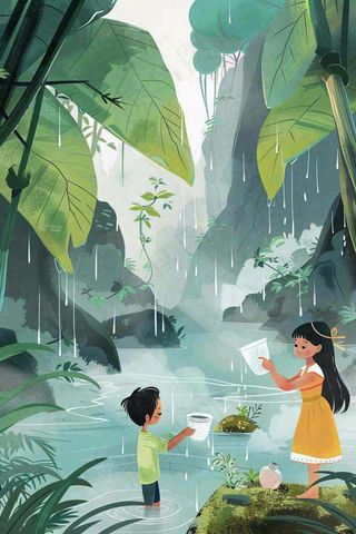 夏天孩子们在森林丛林小溪玩水嬉水处暑夏至卡通插画背景