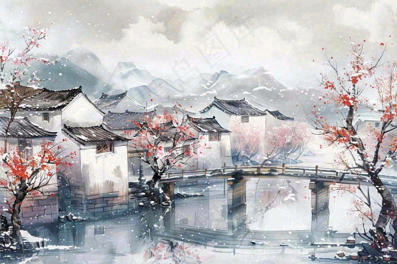 中国江南水乡小镇拱桥梅花小雪安徽冬天寒冷立冬冬至水墨画插画(1344x896)