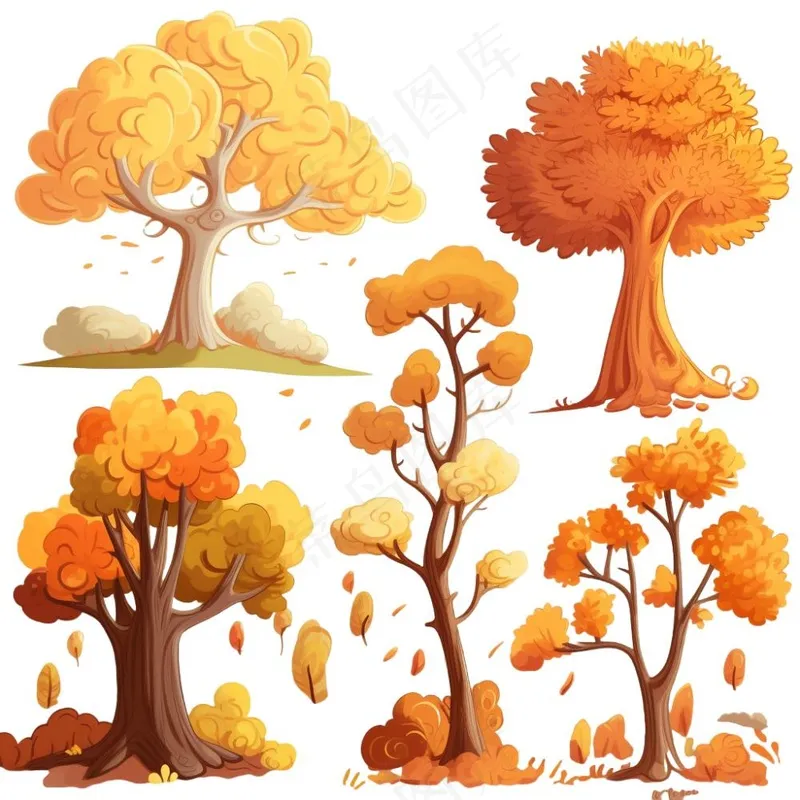 秋天黄了树木卡通插画元素免抠(1024x1024)