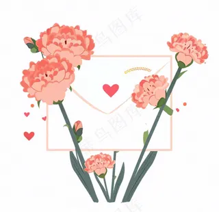 康乃馨鲜花粉色信封边框插画免抠