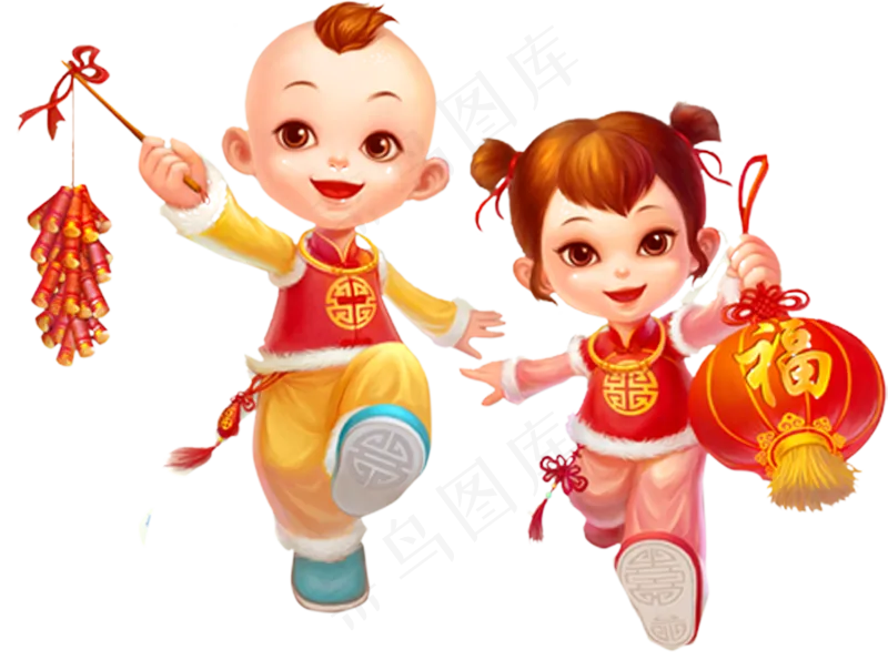 春节福娃 金童玉女 提灯笼的卡通小孩