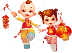 春节福娃 金童玉女 提灯笼的卡通小孩