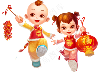 春节福娃 金童玉女 提灯笼的卡通小孩