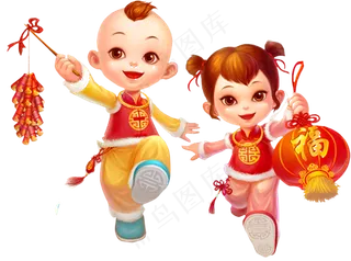春节福娃 金童玉女 提灯笼的卡通小孩