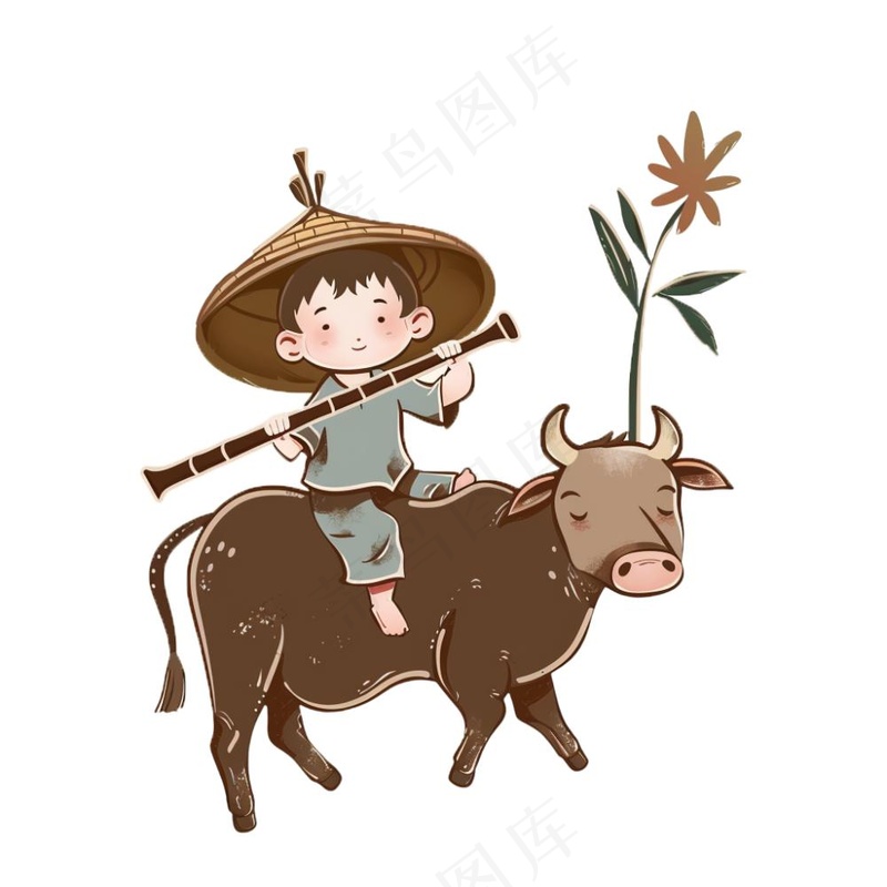 牧童人清明春分插画免抠(1024x1024)