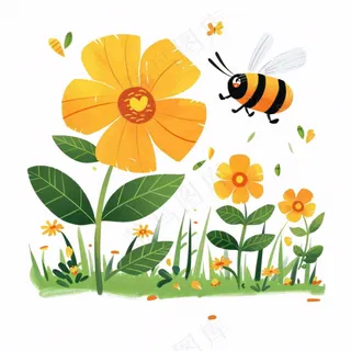 花丛里采蜜的蜜蜂花园卡通插画免抠