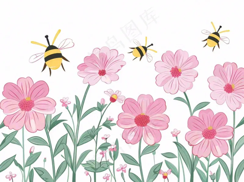 粉色花朵花丛采蜜的蜜蜂昆虫卡通插画免抠(1264x944)