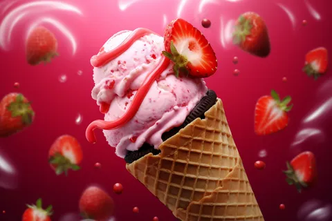美味冰淇淋蛋筒粉色梦幻背景草莓摄影图