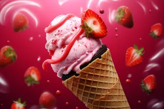 美味冰淇淋蛋筒粉色梦幻背景草莓摄影图