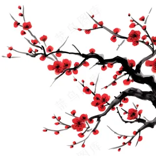 梅花红色冬天国画水彩画免抠