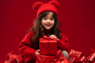 新年新春女孩拆礼物红色礼盒背景摄影图