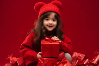 新年新春女孩拆礼物红色礼盒背景摄影图