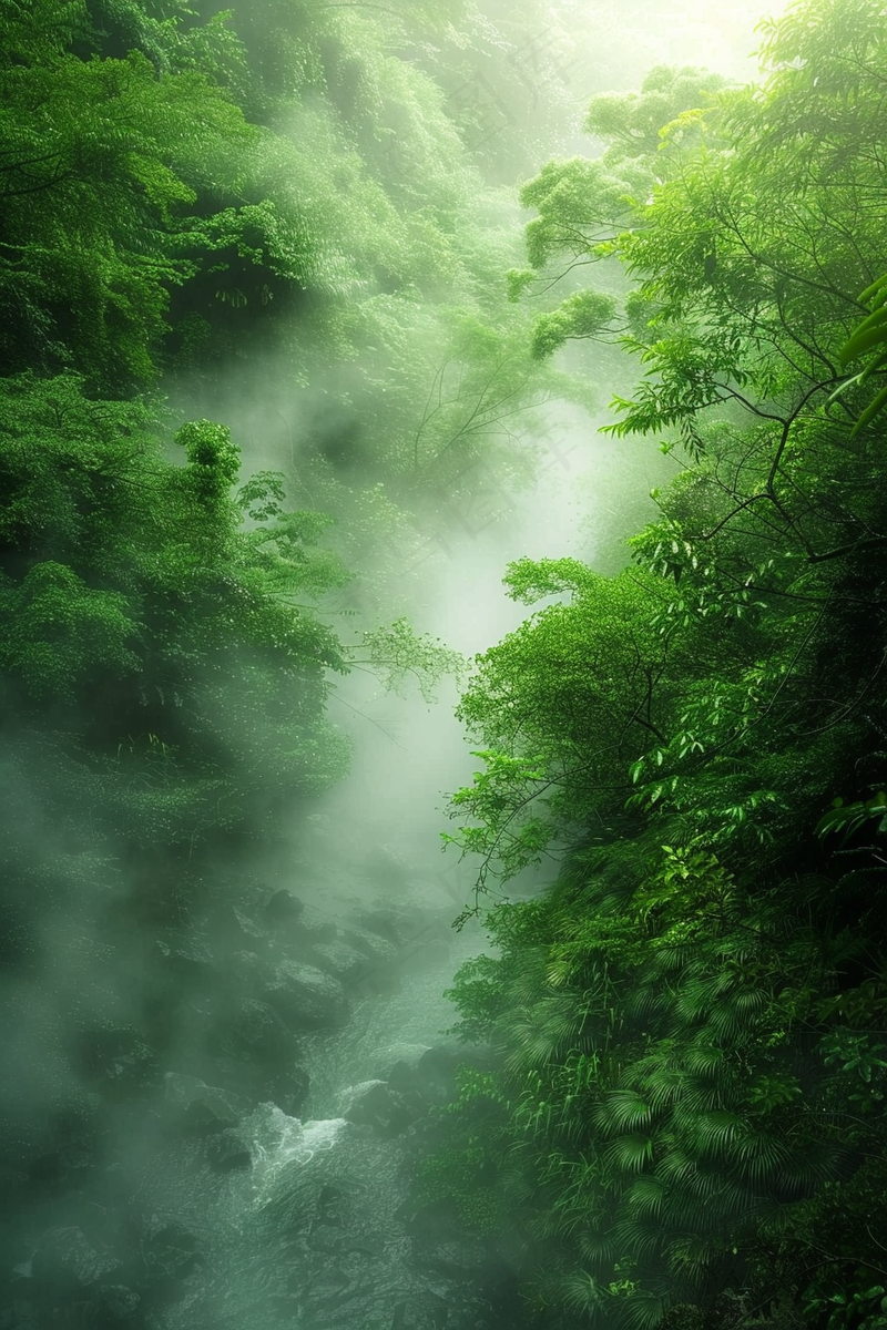 春天森林河流水汽绿意雾气摄影图(2688x4032)