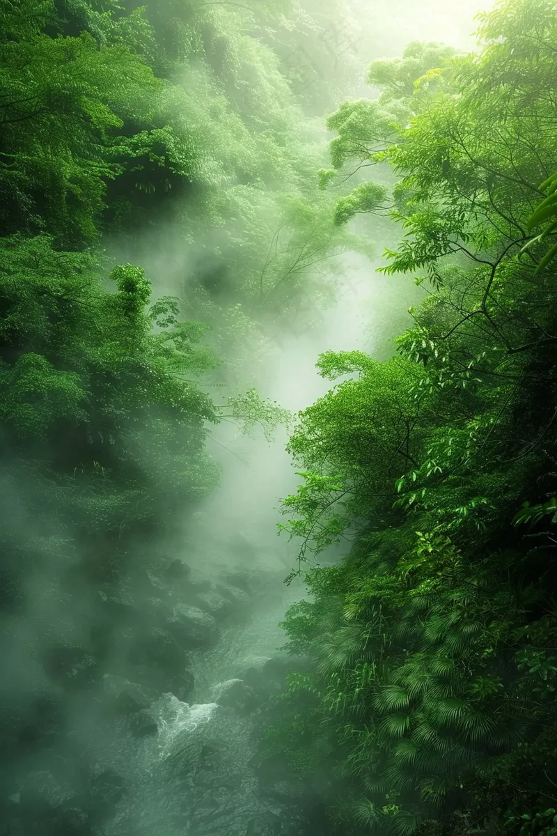 春天森林河流水汽绿意雾气摄影图(2688x4032)