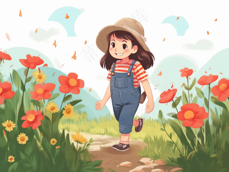 小女孩走在花丛中美丽的花朵花匠卡通插画背景