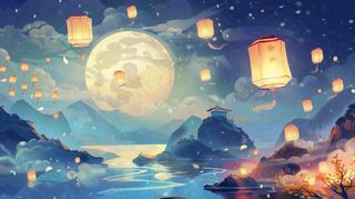 中秋河灯孔明灯中元节风景寒衣节黑夜中元节夜晚月亮唯美插画背景