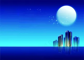 蓝色房产倒影月亮蓝月楼半版背景