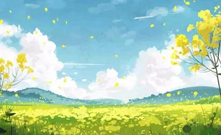 春天油菜花田蓝天白云惊蛰春分卡通插画背景