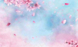 春季出游浪漫水彩樱花蓝粉色樱花林立春春分插画背景