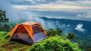 户外露营山顶帐篷云海摄影图