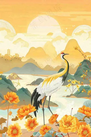 国潮风金秋菊花山水丹顶鹤中秋重阳节中国风插画背景