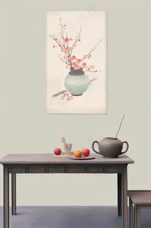 古风书桌台面花瓶花枝水墨画背景