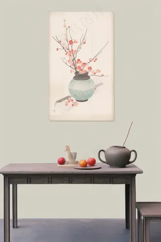古风书桌台面花瓶花枝水墨画背景