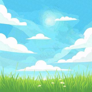 春天绿色草地草丛蓝天白云立春春分惊蛰节气卡通插画背景