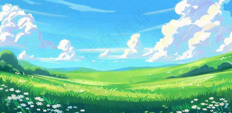 立春 春天背景立春 春天插画春天唯美天空蓝天白云草地手绘风景插画背景(1568x768)