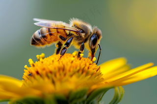 蜜蜂采蜜黄色花朵春天摄影图