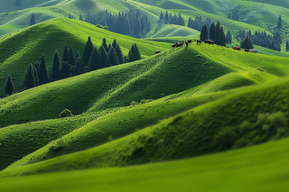 春天草甸山峦树木草地摄影图