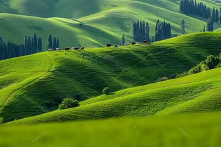 春天草甸山峦树木草地摄影图