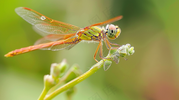 蜻蜓绿叶上停留的竹蜻蜓昆虫春天摄影图