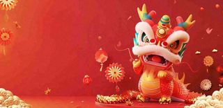 龙年新年春节张灯结彩舞狮舞龙喜庆红色立体小年元宵插画背景