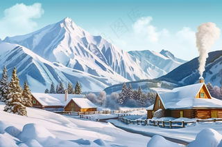 雪山乡村村庄自然风光雪景摄影图