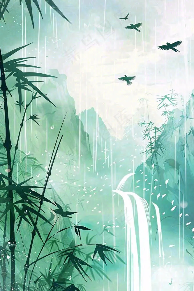 国风山水竹林磅礴山河瀑布大雁雨滴清明端午水墨插画背景(896x1344)