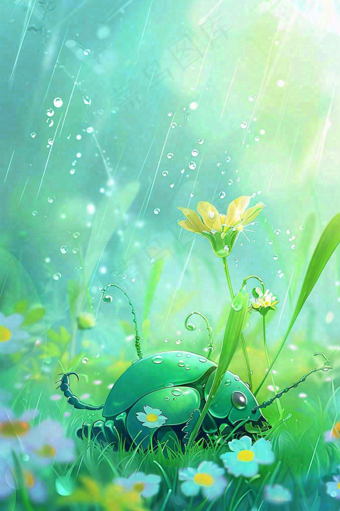 春天绿色甲壳虫昆虫草丛花朵雨水谷雨惊蛰卡通插画背景(896x1344)