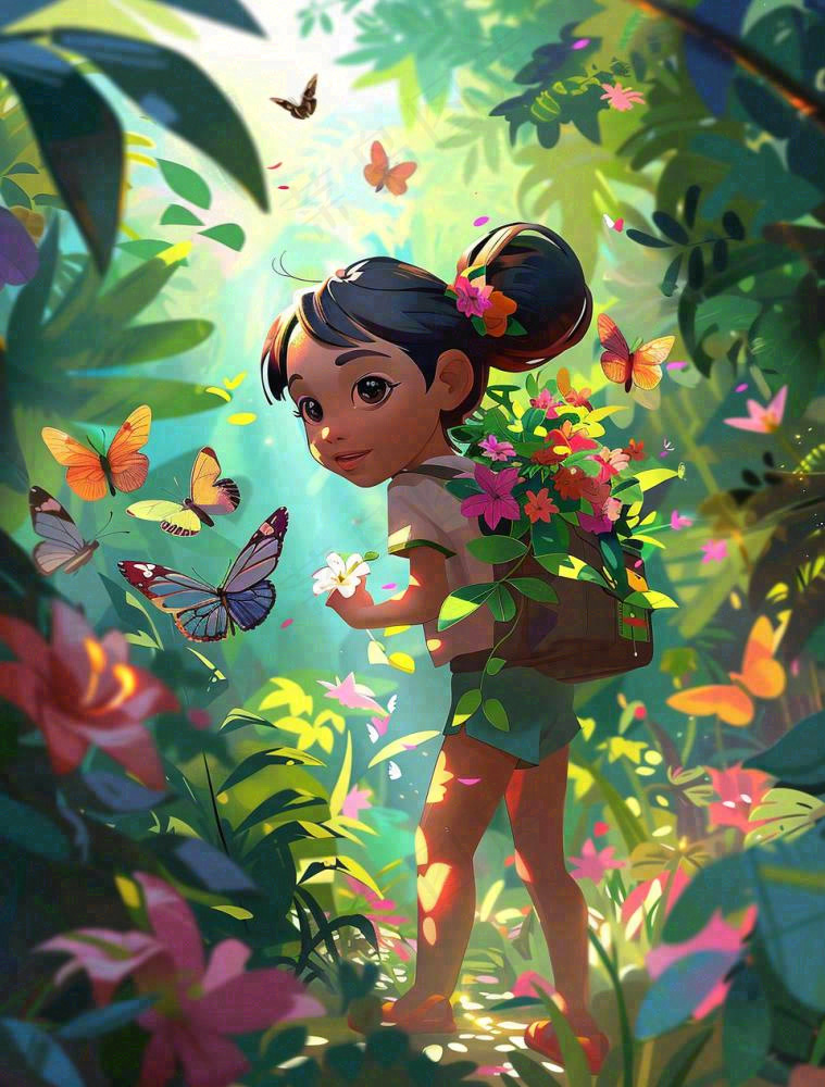 夏天户外森林丛林冒险的青少年背包旅行探险卡通插画背景(960x1264)