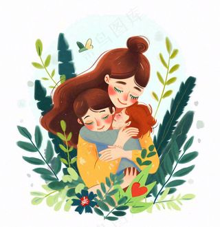 妈妈抱着孩子母亲花草环抱亲情卡通插画免抠