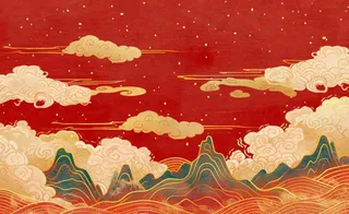 国潮风红色山云祥云青山红色祖国山河磅礴大气古风国庆新年插画背景