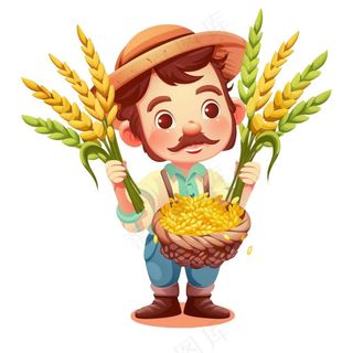 农民抱着稻穗麦穗粮食劳动卡通插画免抠